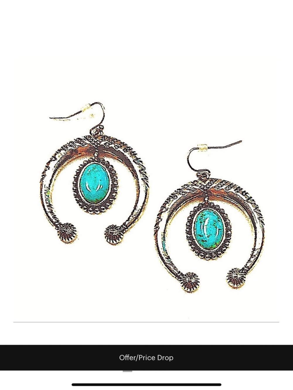 SILVER SQUASH BLOSSOM EARRINGS TURQUOISE  OVAL STONE 2 1/2”x2” ON FRENCH…